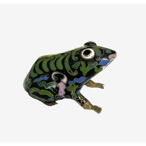Vintage Cloisonne Frog Small Figurine Enamel Brass Green Gold Floral Toad